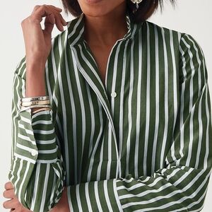 J Jill Green and White Mandarin Collar 3/4 Sleeve Button Down Shirt